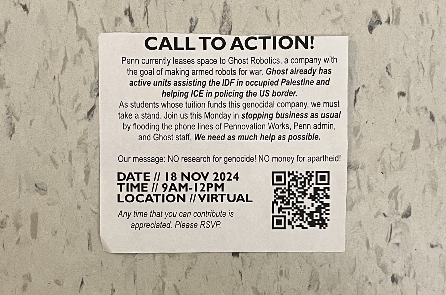 “Call to Action” flyers distributed in dorms calling for Ghost Robotics phone campaign